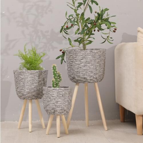 Wooden floor flower stand straw basket flowerpot floor decoration nordic living room balcony simple garden plant pot stand