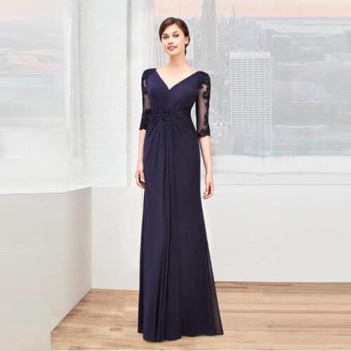 Elegant Mother of The Bride Dresses Chiffon Lace V-Neck Wedding Party Gowns Three Quarter Sleeves Mother Dresses for Wedding