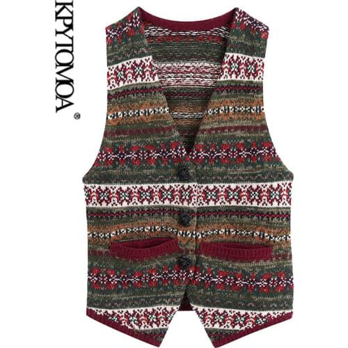 KPYTOMOA Women 2020 Fashion With Buttons Jacquard Knitted Vest Sweater Vintage V Neck Sleeveless Female Waistcoat Chic Tops