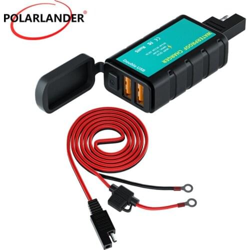 Square Dual USB Fast Charge Charger SAE Interface DC12-24V ABS ZH-1422C2/ ZH-1422C3 Waterproof 1 or 1.4m Cable Black and Red