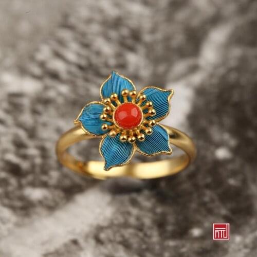 Fashionable All-Match S925 Silver Gilding Tian-Tsui Inlaid South Red Ring Palace Jewelry Hanfu Antique Gift Girlfriends' Gift