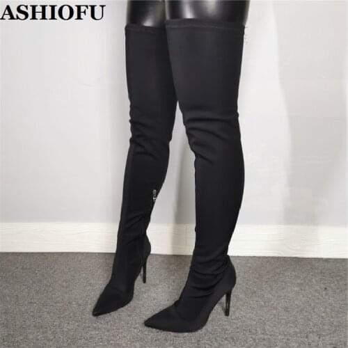 ASHIOFU New Hot Sale Womens Over Knee Boots Stretch Leather Party Sexy Thigh High Boots Real Photos Evening Fashion Long Boots