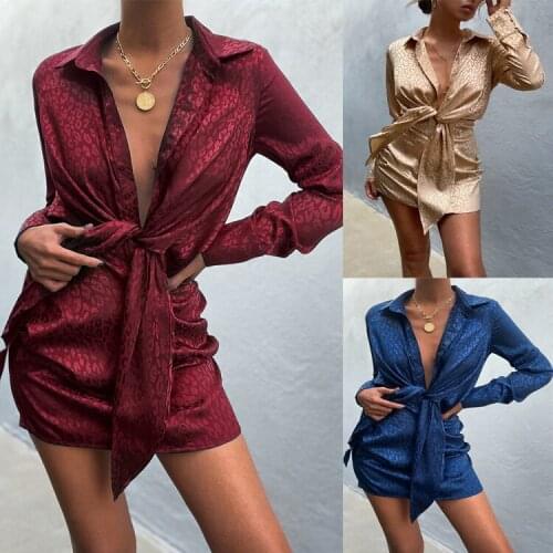 Leopard print office lady wrap shirt dress Women satin spring summer short elegant dresses Female long sleeve slim sexy vestidos