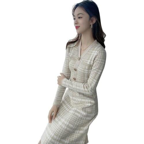 Elegant Knitted Dress Women Long Sleeve Button Designer Winter Office Mid-length Sweater Dress Korean Vestido De Mujer D131