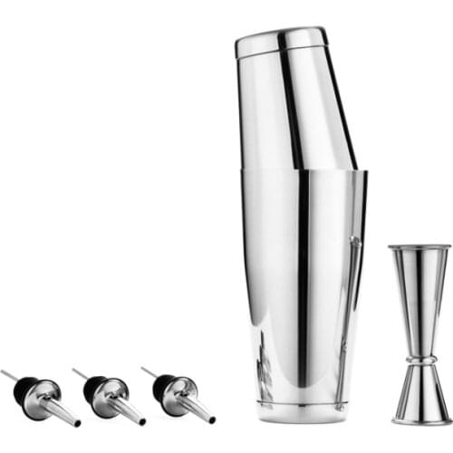 Premium 5 Pieces Bar Set: 18/8 Stainless Steel Boston Shaker, 25/50ML Double End Jigger, 3 Pourers, High grade Barware / Tools