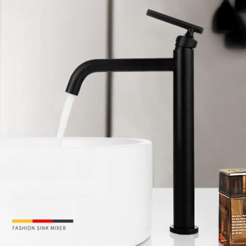 Luxury Black Basin Faucet Tall Long Spout White Bathroom Tap Cold and Hot Mixer Deck Mounted Free hose