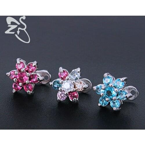 Cute White Pink Blue Flower Crystal Dermal Anchor Piercings Stainless Steel Skin Diver Tops Dermal Piercing Hide in Skin Jewelry