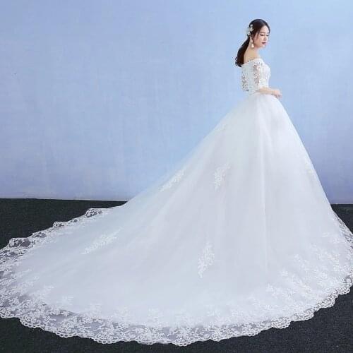 Wedding Dress 2021 New Elegant Half Sleeve Boat Neck Luxury 1m Brush Train Lace Up Ball Gown Off The Shoulder Vestido De Noiva