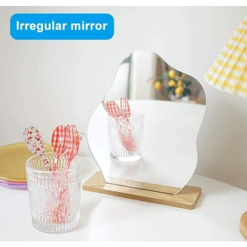 Makeup Mirror Decorative Acrylic Mirror Stand Irregular Shape Wooden Base Special Makeup Mirror Frameless Desktop Room Decor