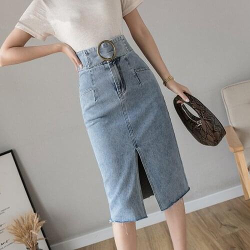 2021 New Spring Autumn Vintage Womens Denim Wrap Skirts High Wasit Sashes Jeans Skirts Female Pencil Front Split Skirts