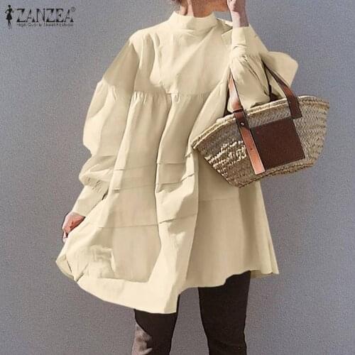 Womens Solid Puff Sleeve Tops 2021 Autumn Patchwork Loose Blusas Fashion Casual Office Lady Blouses ZANZEA Elegant Ruffle Tunic