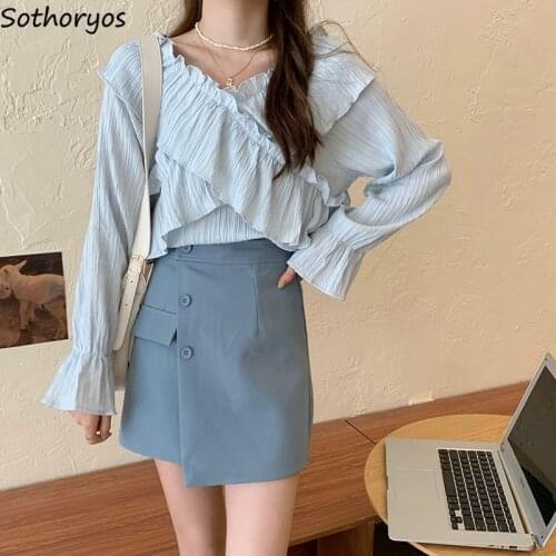Women Sets Solid Gentle Ruffles Sweet Elegant Buttons Asymmetrical Irregular Long Flare Sleeve Teen V-neck Cross Streetwear Cute