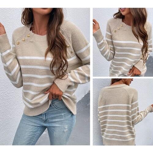 Winter Women Sweater Striped Color Patchwork Full Sleeve With Button Autumn Female Knitwear Fashion Casual Pullovers C3212
