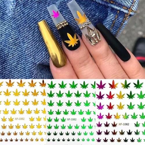 12Sheets/set Green Maple Leaf Pattern 3D Nail Sticker Magic Effect Nail Art Decoration Sliders Nail Art Transfer Sticker Decals