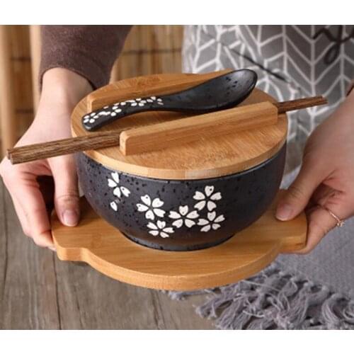 2 styles Japanese Bowl Instant Noodles Tableware Dining Room Tableware Salad Ceramic Bowl Bring Wooden Spoon Wooden Chopstick
