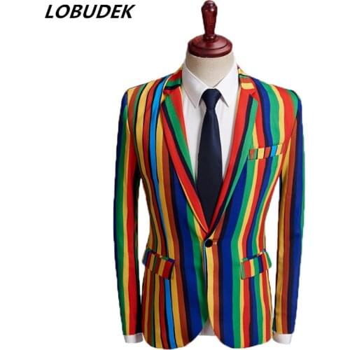 Mens Colorful Stripe Blazers Casual Coats Evening Party Male Singer Chorus Stage Costume Prom Host Performance Show Clothing
