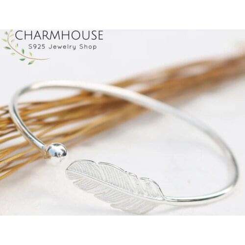 Pure Silver Cuff Bangle Bracelets For Women Feather 3mm Bead Charm Bangles Pulseira Femme OL Style Trendy Jewelry Accesories
