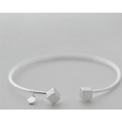 Season Gate 925 Sterling Silver Simple Trendy Smooth Square Geometric Adjustable Size Open Bracelets for Women Girls SB014