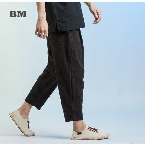 Chinese Style Cotton Linen Jacquard Loose Casual Plus Size Harem Pants Men Clothing Harajuku Oversized Cropped Trousers Male