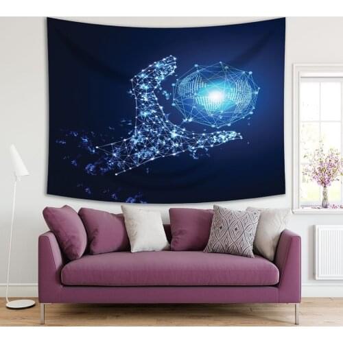 Tapestry World and Hand Abstract Technology Concept Digital Link Future Hi-tech Theme Artwork Blue White