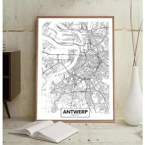 Famous City Map Belgium Antwerp Print Canvas Painting Wall Art Pictures Black White Posters Prints Living Room Home Decor