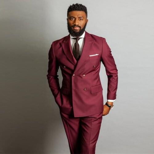 Hot Sale Burgundy Double Breasted Wedding Suits Peaked Lapel Slim Fit Mens Business Tuxedos Two Pieces Groomsmen Wear