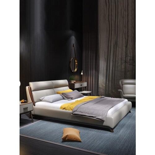 Nordic leather bed leather bed modern simple small family solid wood double bed 1.8m master bedroom soft wedding bed