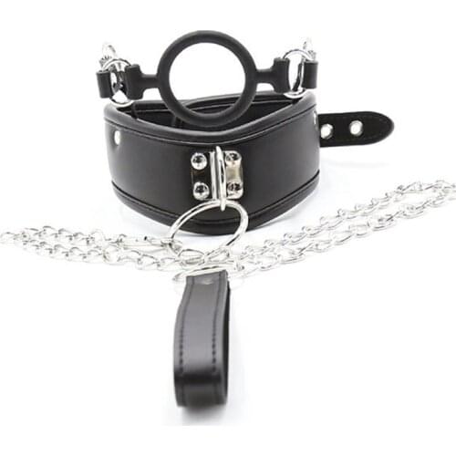 Neck bondage leather belt O-ring mouth gag slave collar with chain leash adult games bdsm fetish restraints sex toys for couples