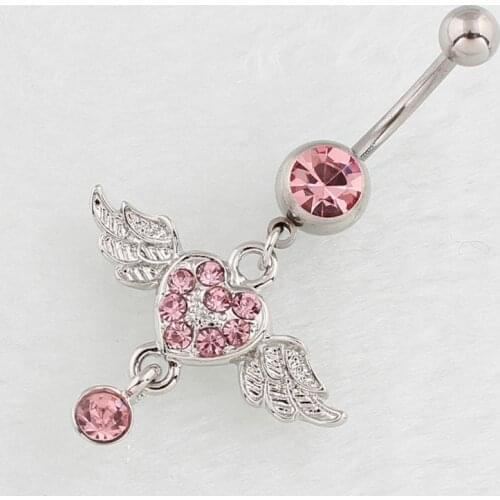 Fashion Sexy Cute Pink Rhinestone Angel Wings Heart Navel Belly Rings for Women Body Piecing Jewelry Gifts