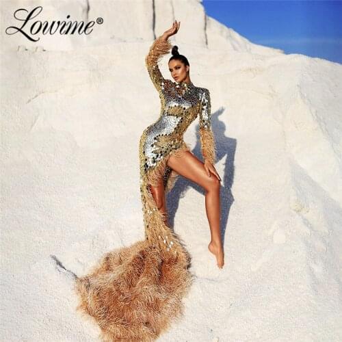 Muslim Dubai Design Gold Evening Dresses 2021 Couture Shiny Crystal Beaded Feather Party Dress Open Back Long Prom Dress Vestido