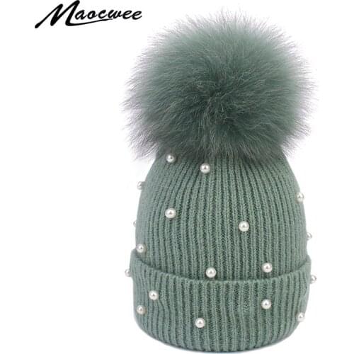 Natural Fox Fur Pompons Pearl Beanie Hats For Women Winter Knitted Crochet Soft Warm Bobble Hat Outdoor Thick Windproof Ski Caps
