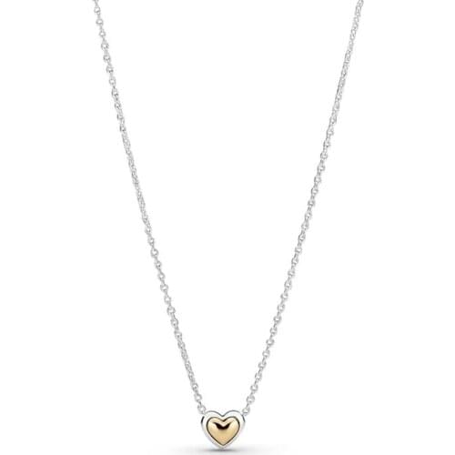 Authentic 925 Sterling Silver Domed Golden Heart Collier Fashion Necklace Fit Pandora Women Bead Charm Gift DIY Jewelry