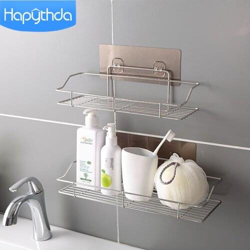 Hapythda Stainless Steel Bathroom Storage Shelf Shower Organizer Basket Punch-Free Kitchen Bathroom Wall Hanging Storage Rack