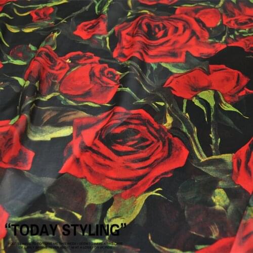 Silk Georgette Chiffon Fabric Dress Black Red Rose Large Wide Clothing DIY Patchs Sewing