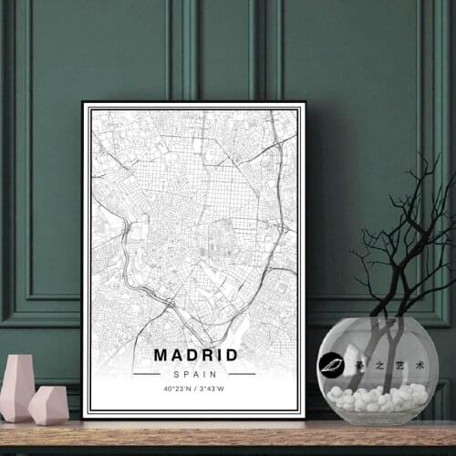 Nordic Spain Madrid City Map Nordic Black and White Minimalsit Wall Art Pictures Posters and Prints for Living Room Home Decor