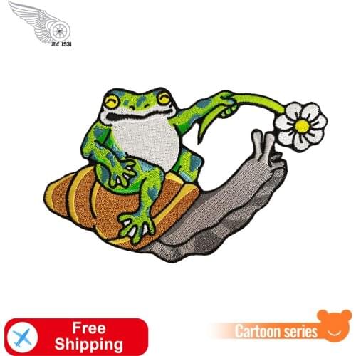 Playful Frog with Snails Embroidered Patch Cartoon Cheaper Badges High Quality Appliques Iron on Accessory for Clothes Stickers