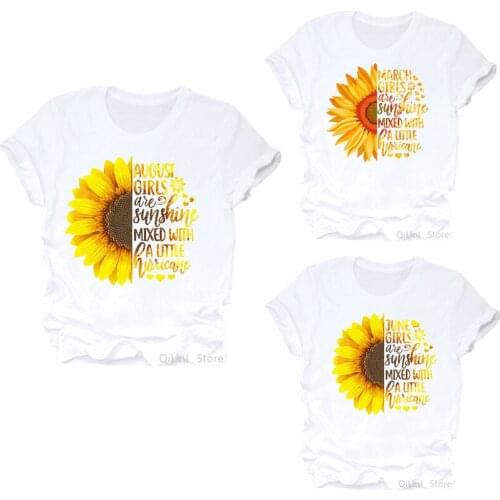 January-December Girl Sunflower Print Tee Shirt Femme 90s 00s Birthday Gift Summer Clothes Women White T-Shirt Top Friend Tshirt