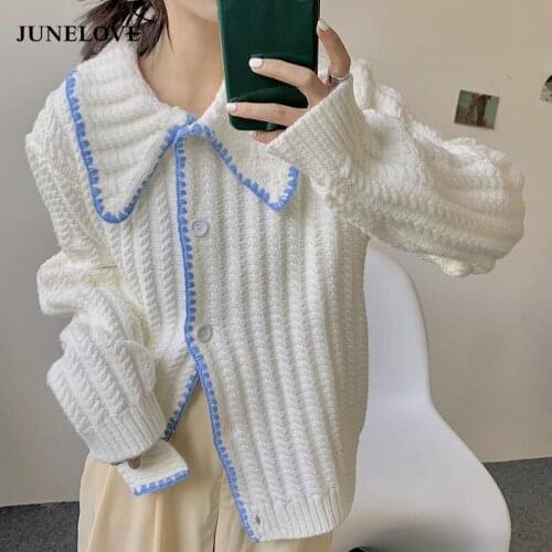 JuneLove Korean Fashion Cardigan Women Single Breasted Casual Vintage Sweater Female Turn Down Collar Long Sleeve Knitted Tops