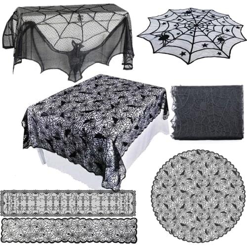 1Pcs Black Lace Spider Web Cobweb Tablecloth Table Runner Fireplace Mantle Curtain Decoration For Halloween Home Party Supply