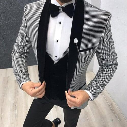 2020 Houndstooth Men Suit Groom Wedding Tuxedo for Dinner Prom Tailor made Slim Fit Suit Best Man 3 Piece Set Jacket Pants Vest