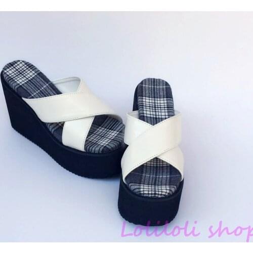 Antaina Japanese lolita shoes plus size / special custom Lolita Black Plaid bottom cross with white platform sandals an1242-1