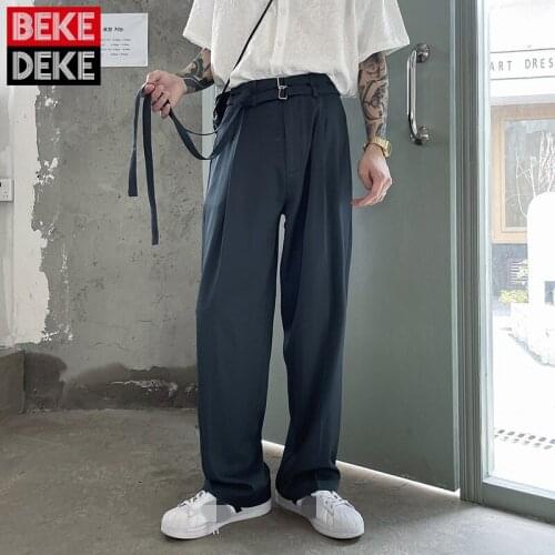 Men Hip Hop Sashes Straight Suit Pants Designer Preppy Loose Fit Wide Leg Trousers Summer High Street Casual Formal Pants Male