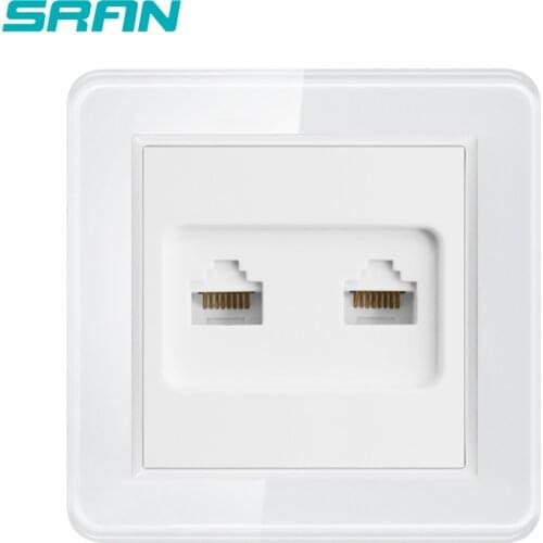 SRAN EU standard wall dual RJ11 socket cable telephone interface white Glass or PC panel 82mm*82mm double telephone socket