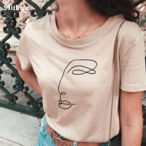 One line face abstract Print T-shirt simple Women Summer tshirt Hipster Funny t shirt Gift For Lady Girl Top Te