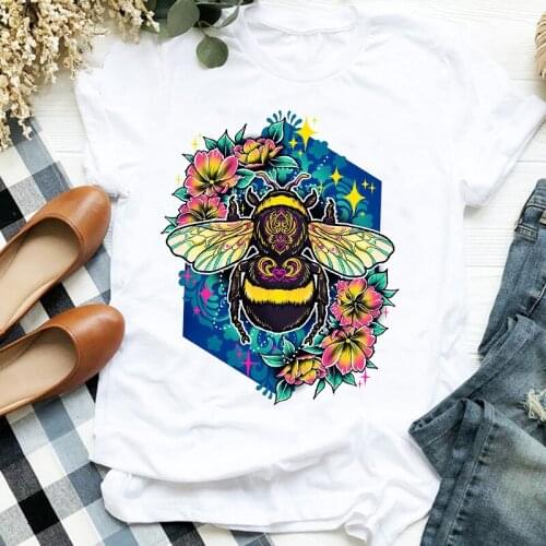 Women Lady Cartoon Bee Sweet Flower 90s Cute Fashion Print Shirt Clothes T Tee Womens Tshirt for Female Top Graphic T-shirt