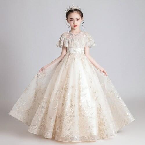 Vestidos Lace Flower Girl Wedding Dresses High Quality champagne Tulle Long Trailing Girls Party Dress Kids Birthday Clothing