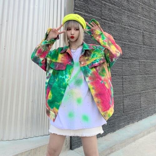 Spring Autumn New Tie-dye Print Denim Jacket Women Streetwear Fashion Loose Lapel Long Sleeve Jeans Jacket Female Chaqueta Mujer