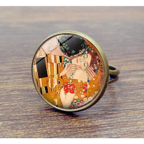 Fashion The Kiss Klimt Starry Night Dome Glass Art Picture Ring Photo Handcrafted Jewelry Adjustable Size Rings Gifts for Girls