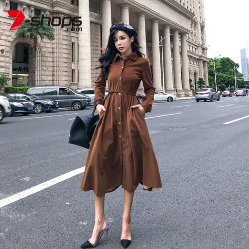 AECU Dress Female Autumn Spring Women Dress Turn-Down Collar Office Lady Corduroy Vestido Elegant Vintage Sashes Dress