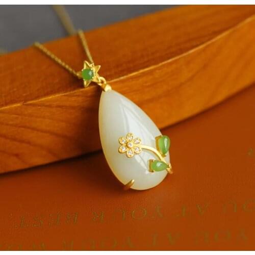 Natural Hetian Jade Big Drop Pendant 925 Silver Ancient Gold Inlaid Small Flower Pattern Design Embellishment Jasper